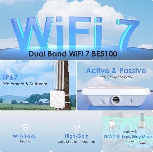 WAVLINK WiFi 7 BE5100 Outdoor WiFi Extender | Dual Band WiFi Repeater,AP, Mesh Router, POE Powered, IP67 Waterproof, 4 x 8dBi Antennas, 2.5 Gbps Ethernet, Up to 2800 sq.ft in Saudi Arabia