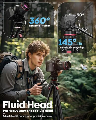 CAMBOFOTO 68" Heavy Duty Tripod, Video Tripod with Fluid Head | Aluminum Camera Tripod, 1/4" Smooth Pan/Tilt Head for DSLR/Camcorders/Binoculars/Spotting Scope/Telescope, Load 8.8lbs in Kuwait