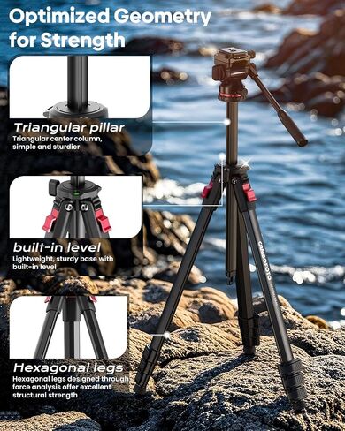 CAMBOFOTO 68" Heavy Duty Tripod, Video Tripod with Fluid Head | Aluminum Camera Tripod, 1/4" Smooth Pan/Tilt Head for DSLR/Camcorders/Binoculars/Spotting Scope/Telescope, Load 8.8lbs in Kuwait