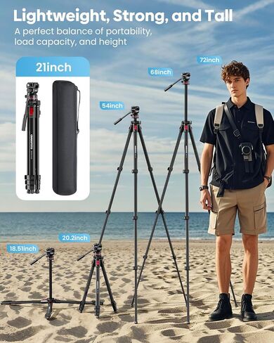 CAMBOFOTO 68" Heavy Duty Tripod, Video Tripod with Fluid Head | Aluminum Camera Tripod, 1/4" Smooth Pan/Tilt Head for DSLR/Camcorders/Binoculars/Spotting Scope/Telescope, Load 8.8lbs in Kuwait