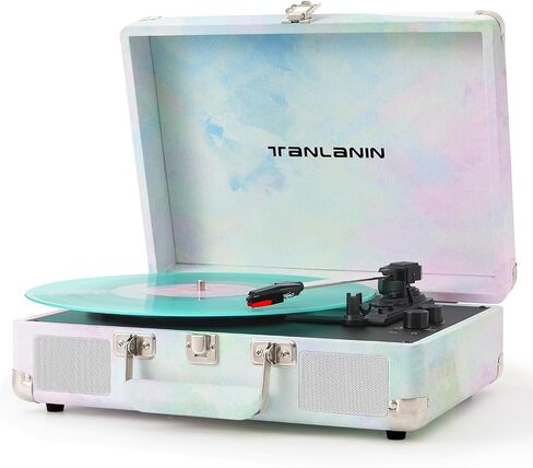 Watercolor Record Player with Speakers, Bass/Treble Control, Green | Vintage portable suitcase turntable Bluetooth input, 3-speed auto stop, RCA/AUX/headphone jack, home décor gift for dorms in Saudi Arabia