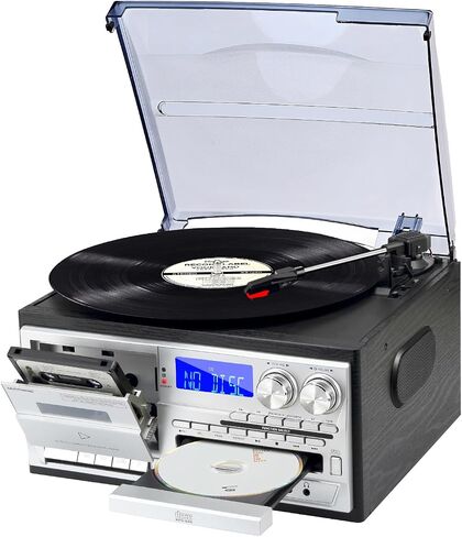 Stylish 9-in-1 Vintage Record Player for Bedroom or Den, 3-Speed Turntable with Bluetooth, CD/Cassette, USB/SD Playback, AM/FM, Built-in Stereo Speakers and Remote in Saudi Arabia