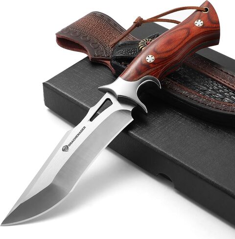 DRACHENADER 10.24" M390 Knives Hunting Knife Fixed Blade with Leather Sheath, Bushcraft Full Tang Knife Non-slip Red Coloured Wooden Handle in Kuwait