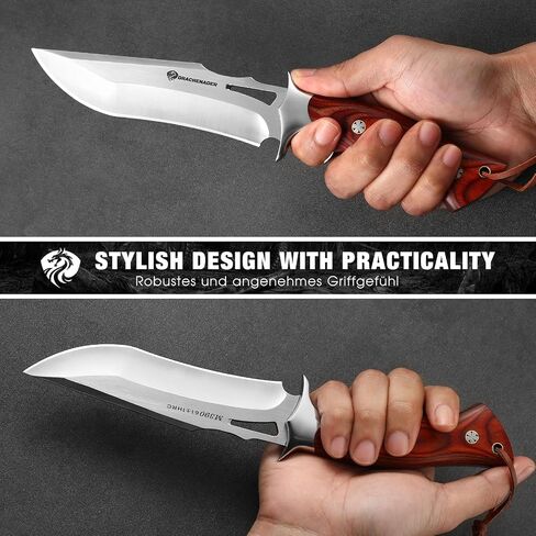 DRACHENADER 10.24" M390 Knives Hunting Knife Fixed Blade with Leather Sheath, Bushcraft Full Tang Knife Non-slip Red Coloured Wooden Handle in Kuwait