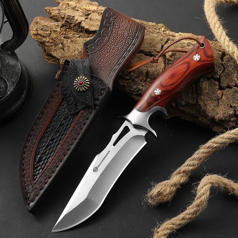 DRACHENADER 10.24" M390 Knives Hunting Knife Fixed Blade with Leather Sheath, Bushcraft Full Tang Knife Non-slip Red Coloured Wooden Handle in Kuwait