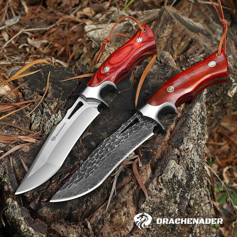 DRACHENADER 10.24" M390 Knives Hunting Knife Fixed Blade with Leather Sheath, Bushcraft Full Tang Knife Non-slip Red Coloured Wooden Handle in Kuwait