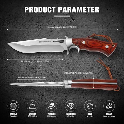 DRACHENADER 10.24" M390 Knives Hunting Knife Fixed Blade with Leather Sheath, Bushcraft Full Tang Knife Non-slip Red Coloured Wooden Handle in Kuwait