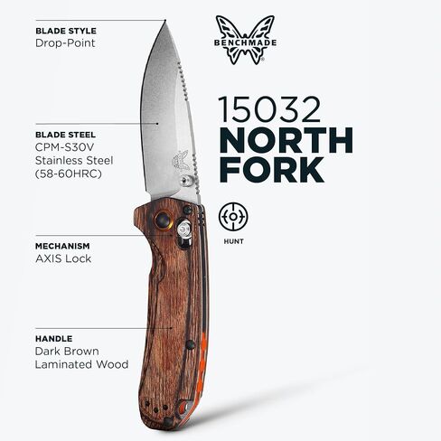 Benchmade North Fork Hunting Knife, S30V Steel Blade (15032) | Dark Brown Wood handle, Drop-Point blade in Kuwait
