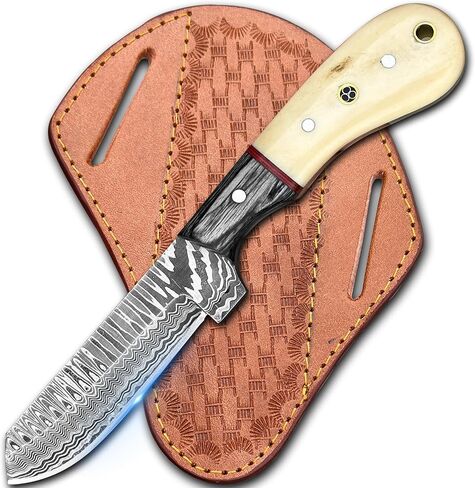 Cowboy Knives with Leather Sheath - 8" Sharp Handmade Damascus Bull Cutter Knife - EDC Fixed Blade Hunting Knife for Skinning, Camping, Bushcrafting and Outdoor Activities, white in Kuwait