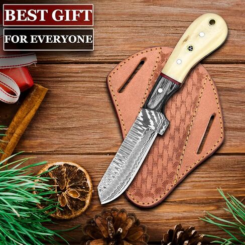 Cowboy Knives with Leather Sheath - 8" Sharp Handmade Damascus Bull Cutter Knife - EDC Fixed Blade Hunting Knife for Skinning, Camping, Bushcrafting and Outdoor Activities, white in Kuwait