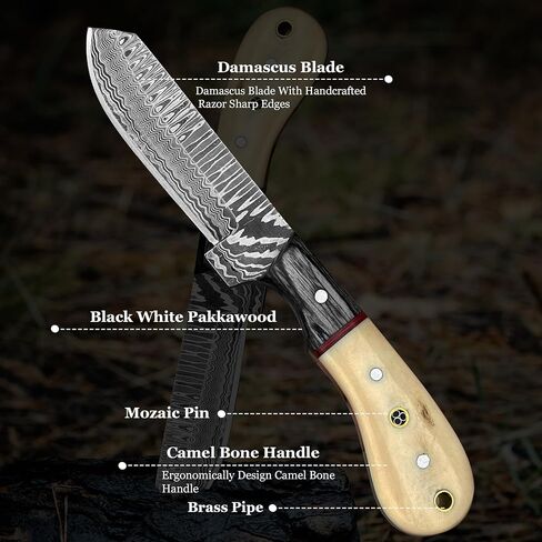 Cowboy Knives with Leather Sheath - 8" Sharp Handmade Damascus Bull Cutter Knife - EDC Fixed Blade Hunting Knife for Skinning, Camping, Bushcrafting and Outdoor Activities, white in Kuwait