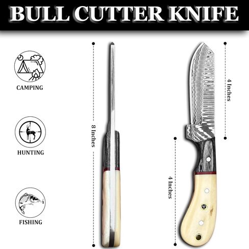 Cowboy Knives with Leather Sheath - 8" Sharp Handmade Damascus Bull Cutter Knife - EDC Fixed Blade Hunting Knife for Skinning, Camping, Bushcrafting and Outdoor Activities, white in Kuwait