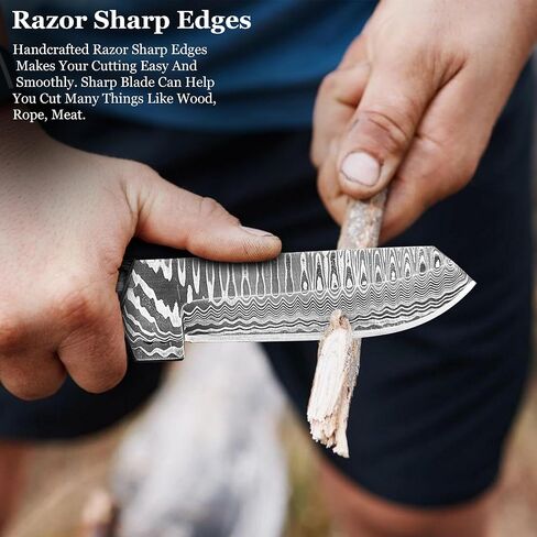 Cowboy Knives with Leather Sheath - 8" Sharp Handmade Damascus Bull Cutter Knife - EDC Fixed Blade Hunting Knife for Skinning, Camping, Bushcrafting and Outdoor Activities, white in Kuwait