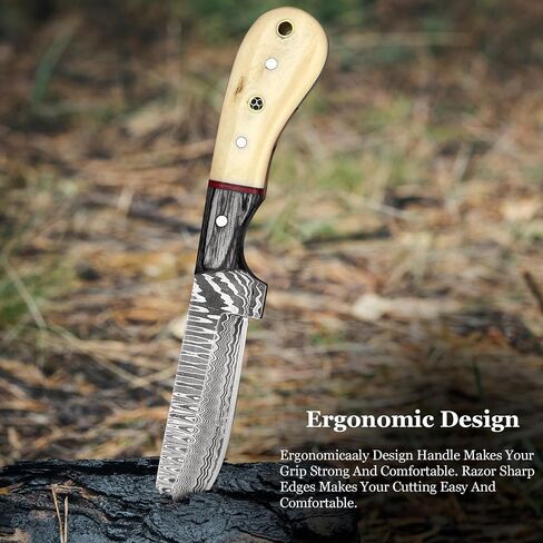 Cowboy Knives with Leather Sheath - 8" Sharp Handmade Damascus Bull Cutter Knife - EDC Fixed Blade Hunting Knife for Skinning, Camping, Bushcrafting and Outdoor Activities, white in Kuwait