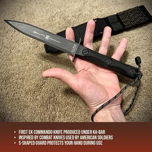 KA-BAR John Ek Commando Knife Co. - EK44 a 6.625 inch 1095 Cro-Van Steel Blade sets in a Glass Filled Nylon Handle 12.625 inch Overall. 56-58 HRC Made in USA in Kuwait