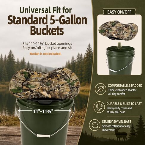 FUNHORUN 5 Gallon Bucket Seat Lid with Camouflage Cover, 360° Silent Swivel | Ergonomic Design, Padded Bucket Lid Seat for Hunting, Fishing, Camping, Portable, Fit 11"-11¾" Diameter (Bucket Not Included) in Saudi Arabia