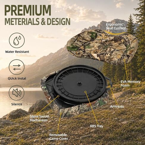 FUNHORUN 5 Gallon Bucket Seat Lid with Camouflage Cover, 360° Silent Swivel | Ergonomic Design, Padded Bucket Lid Seat for Hunting, Fishing, Camping, Portable, Fit 11"-11¾" Diameter (Bucket Not Included) in Saudi Arabia