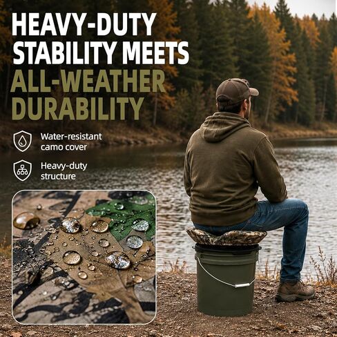 FUNHORUN 5 Gallon Bucket Seat Lid with Camouflage Cover, 360° Silent Swivel | Ergonomic Design, Padded Bucket Lid Seat for Hunting, Fishing, Camping, Portable, Fit 11"-11¾" Diameter (Bucket Not Included) in Saudi Arabia