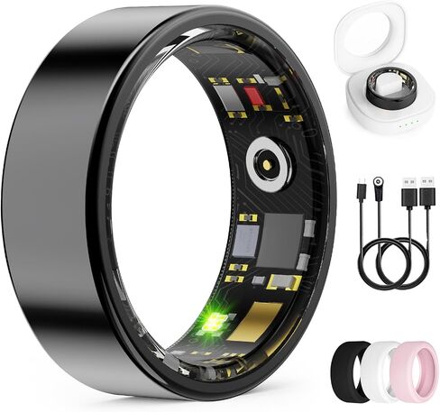 Smart Ring for Women Men, Health Fitness Tracker Rings, IP68 Waterproof, Long Lasting Batteries Sleep Ring with Charging Case and Protector, Remote Photography, No App Fees (Black, 10#) in Saudi Arabia