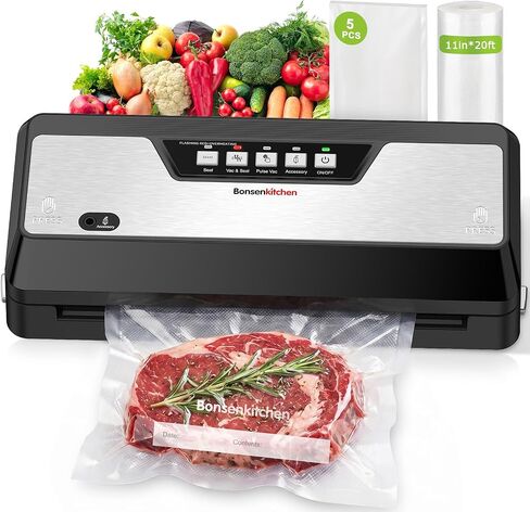 Bonsenkitchen Vacuum Sealer Machine,1 Roll&5 Pre-Cut Bags,Multiple Modes | Food Sealer Vacuum Sealer with Cutter&Bag Storage,External Air Suction Hose,Widen Sealing Strip,Starter Kit for Food Storage in Saudi Arabia
