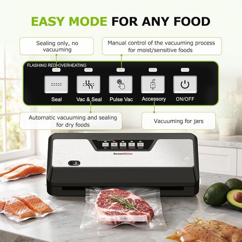 Bonsenkitchen Vacuum Sealer Machine,1 Roll&5 Pre-Cut Bags,Multiple Modes | Food Sealer Vacuum Sealer with Cutter&Bag Storage,External Air Suction Hose,Widen Sealing Strip,Starter Kit for Food Storage in Saudi Arabia