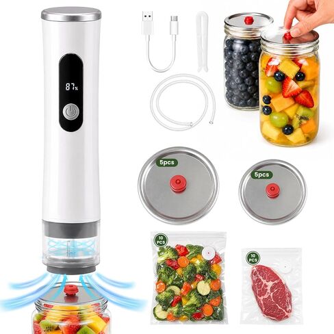Compact Vacuum Sealer for Food Bags and Mason Jars | 65kPa Suction, 1800mAh Rechargeable, Seals Up to 1500 Bags, Easy-Open Lids, BPA-Free Reusable Bags, Visible Water Tank in Saudi Arabia
