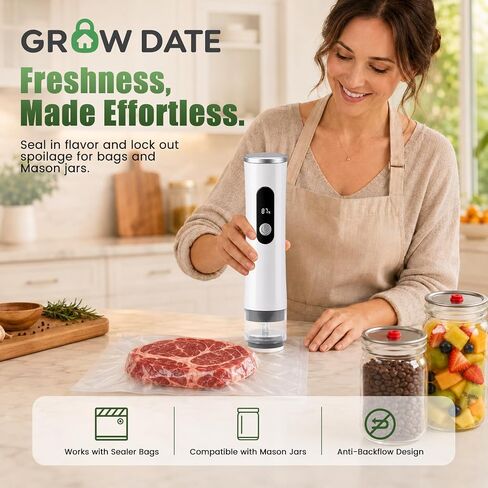 Compact Vacuum Sealer for Food Bags and Mason Jars | 65kPa Suction, 1800mAh Rechargeable, Seals Up to 1500 Bags, Easy-Open Lids, BPA-Free Reusable Bags, Visible Water Tank in Saudi Arabia
