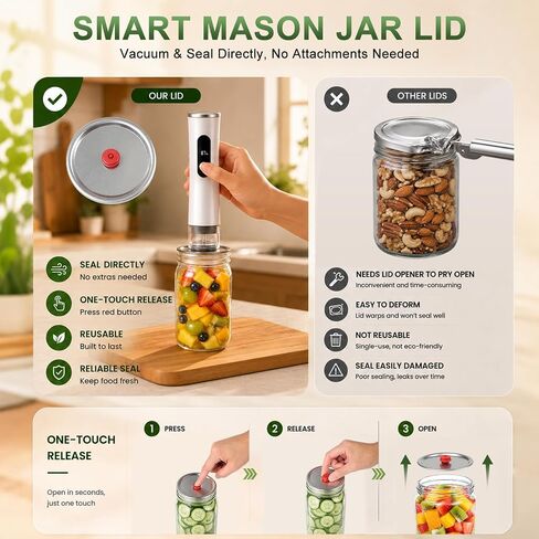 Compact Vacuum Sealer for Food Bags and Mason Jars | 65kPa Suction, 1800mAh Rechargeable, Seals Up to 1500 Bags, Easy-Open Lids, BPA-Free Reusable Bags, Visible Water Tank in Saudi Arabia