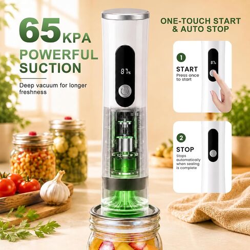 Compact Vacuum Sealer for Food Bags and Mason Jars | 65kPa Suction, 1800mAh Rechargeable, Seals Up to 1500 Bags, Easy-Open Lids, BPA-Free Reusable Bags, Visible Water Tank in Saudi Arabia