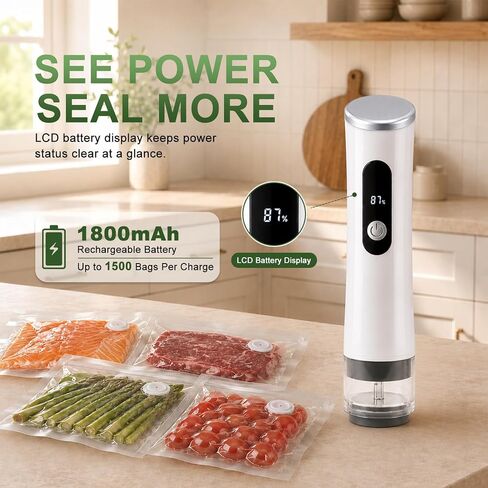 Compact Vacuum Sealer for Food Bags and Mason Jars | 65kPa Suction, 1800mAh Rechargeable, Seals Up to 1500 Bags, Easy-Open Lids, BPA-Free Reusable Bags, Visible Water Tank in Saudi Arabia