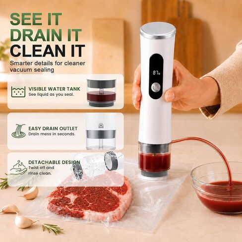 Compact Vacuum Sealer for Food Bags and Mason Jars | 65kPa Suction, 1800mAh Rechargeable, Seals Up to 1500 Bags, Easy-Open Lids, BPA-Free Reusable Bags, Visible Water Tank in Saudi Arabia