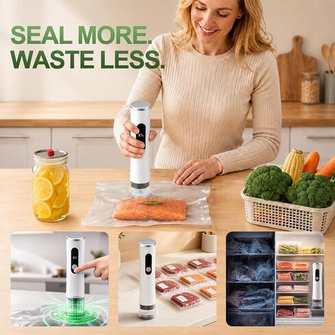 Compact Vacuum Sealer for Food Bags and Mason Jars | 65kPa Suction, 1800mAh Rechargeable, Seals Up to 1500 Bags, Easy-Open Lids, BPA-Free Reusable Bags, Visible Water Tank in Saudi Arabia