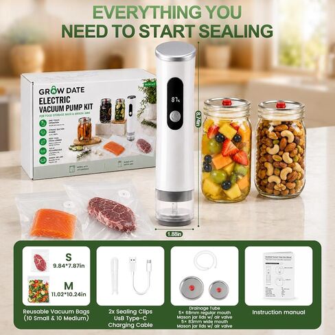 Compact Vacuum Sealer for Food Bags and Mason Jars | 65kPa Suction, 1800mAh Rechargeable, Seals Up to 1500 Bags, Easy-Open Lids, BPA-Free Reusable Bags, Visible Water Tank in Saudi Arabia