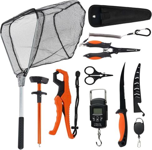 RAWILL 9 Pcs Fishing Tool Kit, Fishing Pliers with Lanyard and Protective Sheaths, Landing Net, Fillet Knife, Fish Scale, Gripper in Saudi Arabia