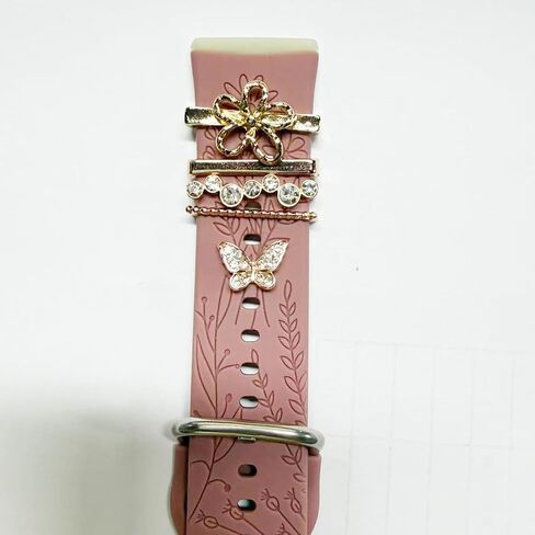 Floral Engraved Bands Compatible with Fitbit Versa 4/Versa 3/Sense 2/Sense Band with Charms, Soft Silicone Sport Fancy Replacement Wristbands Strap with Cute Decorative Rings Accessories for Women in Kuwait