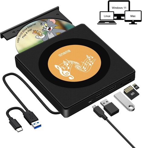 BUNUD External CD/DVD Drive for Laptop, Portable USB 3.0 USB-C CD Writer | Plug & Play DVD Player with USB/SD/TF Ports for Windows 11 Linux Desktop MacBook, Aluminum Alloy in Kuwait