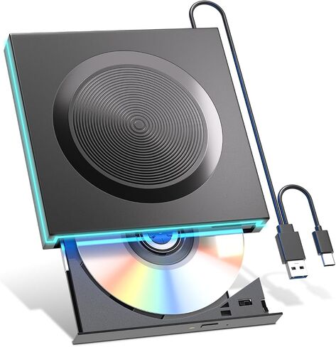 LED‑Light External DVD CD Drive,USB-A&USB‑C Optical Disc Reader Writer | Dual USB‑A&USB‑C cable,blue edge LED,8X‑DVD 24X‑CD read‑write,plug‑and‑play,slim for Windows Mac laptop desktop in Kuwait