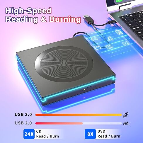 LED‑Light External DVD CD Drive,USB-A&USB‑C Optical Disc Reader Writer | Dual USB‑A&USB‑C cable,blue edge LED,8X‑DVD 24X‑CD read‑write,plug‑and‑play,slim for Windows Mac laptop desktop in Kuwait