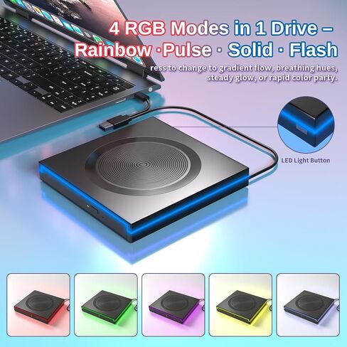 LED‑Light External DVD CD Drive,USB-A&USB‑C Optical Disc Reader Writer | Dual USB‑A&USB‑C cable,blue edge LED,8X‑DVD 24X‑CD read‑write,plug‑and‑play,slim for Windows Mac laptop desktop in Kuwait