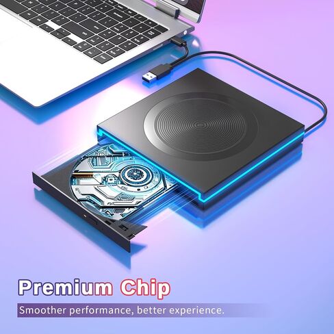 LED‑Light External DVD CD Drive,USB-A&USB‑C Optical Disc Reader Writer | Dual USB‑A&USB‑C cable,blue edge LED,8X‑DVD 24X‑CD read‑write,plug‑and‑play,slim for Windows Mac laptop desktop in Kuwait