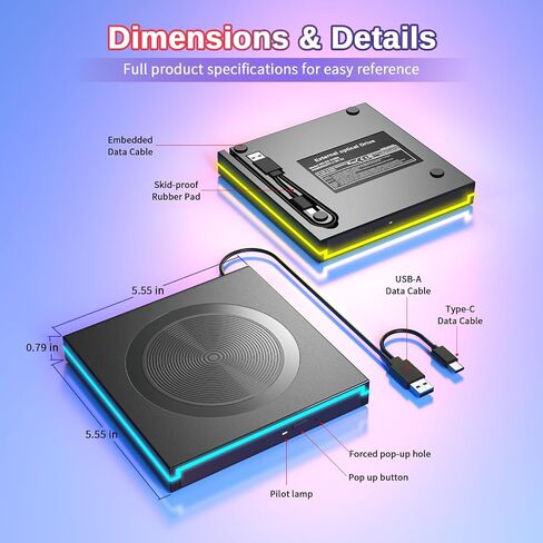 LED‑Light External DVD CD Drive,USB-A&USB‑C Optical Disc Reader Writer | Dual USB‑A&USB‑C cable,blue edge LED,8X‑DVD 24X‑CD read‑write,plug‑and‑play,slim for Windows Mac laptop desktop in Kuwait