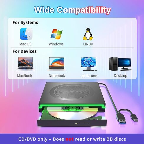 LED‑Light External DVD CD Drive,USB-A&USB‑C Optical Disc Reader Writer | Dual USB‑A&USB‑C cable,blue edge LED,8X‑DVD 24X‑CD read‑write,plug‑and‑play,slim for Windows Mac laptop desktop in Kuwait
