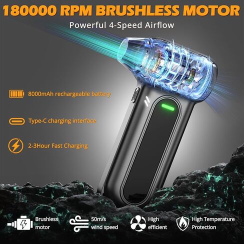 Electric Air Duster Cleaning Tools -180000RPM Super Power Cordless Air Duster, Rechargeable Brushless Motor Durable Blower, 4-Gear Adjustable Dust Blower Fan for Car, PC, Sliver in Kuwait