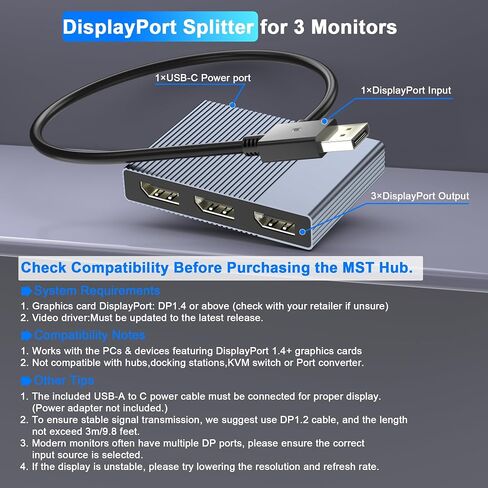 DisplayPort Splitter for 3 Monitors Extended Display, 4K@60Hz DisplayPort MST Hub 1 IN 3 OUT, Display Port to Display Port Adapter, DP to DP Multi Monitor Splitter for PC/NVIDIA/AMD Graphic Card in Kuwait