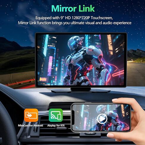 Wireless CarPlay Screen for Car, 9 Inch Portable Touchscreen for Apple CarPlay & Android Auto, Plug & Play, OTA Updates, Backup Camera & Screen Mirroring, Voice Control, GPS, Bluetooth 5.0, FM/AUX in Kuwait
