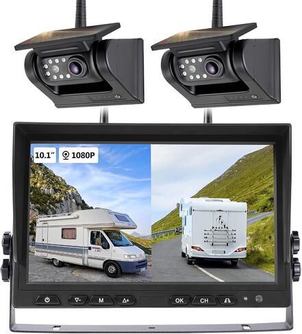 10.1" - 2 Magnetic Solar Wireless Backup Camera, HD 1080P DVR Monitor, Dual RV Cameras System for Hitch Towing RV Camper Trailer, IR Night Vision, Rechargeable Battery, Type-C Charging, SR2 in Kuwait