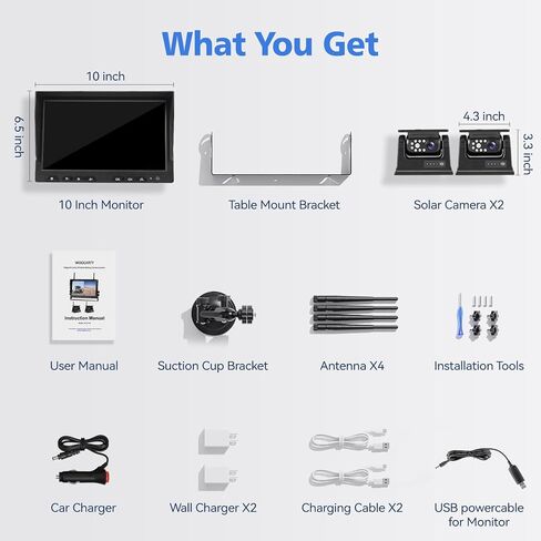 10.1" - 2 Magnetic Solar Wireless Backup Camera, HD 1080P DVR Monitor, Dual RV Cameras System for Hitch Towing RV Camper Trailer, IR Night Vision, Rechargeable Battery, Type-C Charging, SR2 in Kuwait