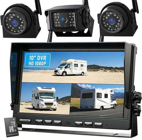 ZEROXCLUB 10'' 1080P Wireless Backup Camera System, 10 Inch DVR Quad Split Monitor Wireless Rear Side View Cameras, IP69 Waterproof Digital Signal Record System for RV/Truck/Trailer/Camper-BW104SL in Kuwait
