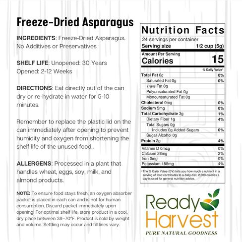 Ready Harvest Freeze Dried Food - Asparagus | Emergency Food Supplies | Vegetables | #10 Can | 25-Year Shelf Life | Cans Filled to the Top in Saudi Arabia