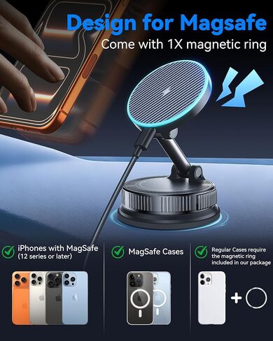 شاحن سيارة MagSafe بقدرة 15 وات، شاحن سيارة لاسلكي مغناطيسي مع كوب شفط فراغ وقاعدة لاصقة نانو، حامل هاتف سيارة قوي قابل للدوران 360 درجة لهواتف iPhone 17 16 15 14 13 12 Series، Samsung S26 in Kuwait